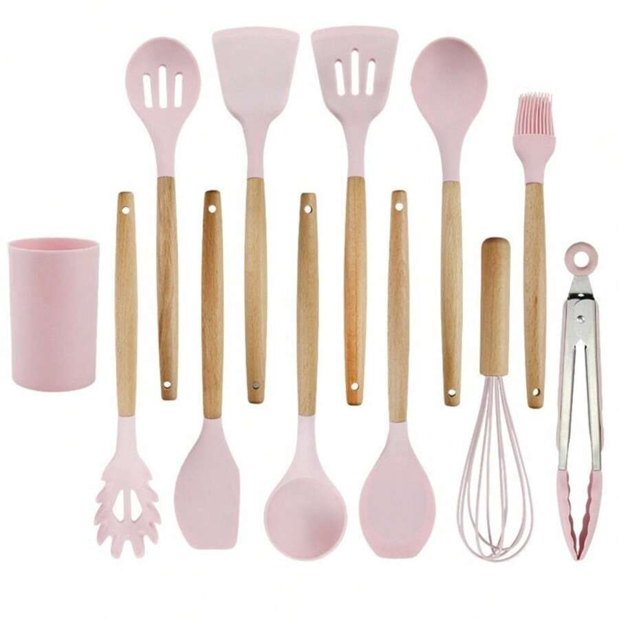 Silicone And Wood Kitchen Utensils Kit 12 Pieces 6 Colors To Choose From - Màu Hồng baby - Xem 1