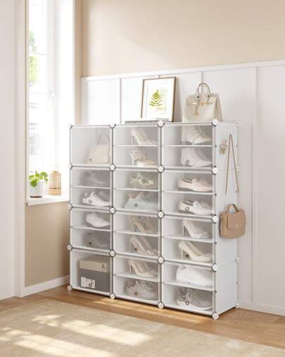 SONGMICS SONGMICS Scarpiera a 12 Scomparti, Scaffale Portaoggetti Modulare, Scomparto di 30 x 40 x 30 cm, con Sportello, Telaio in Acciaio, Pannelli di Plastica, Bianco