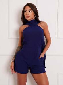 Blog Stores Short Tailored Jumpsuit With Scarf S9752 - Màu xanh hải quân - Xem 2