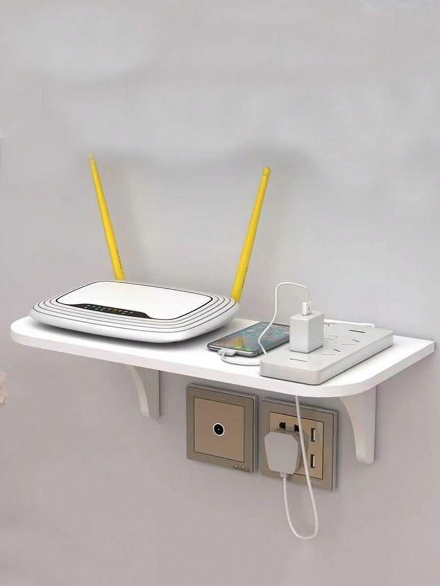 1pc Wall Mount Bracket, No Drill Router, Socket, Projector, Cable Box Holder, Wireless Storage - White - View 1