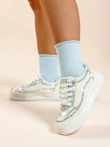 Rhinestone Sneakers For Women, Glitter Sneaker Bling Platform Shoes, White Sparkly Shiny Sequin Shoes,  Fashion Tennis Shoes For Bridal Wedding Party Concerts - 白色 - 查看 2