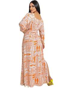 Elegant Foral Printed Long Party Dress With 3/4 Sleeves And Premium Line Slit - 彩色 - 查看 3