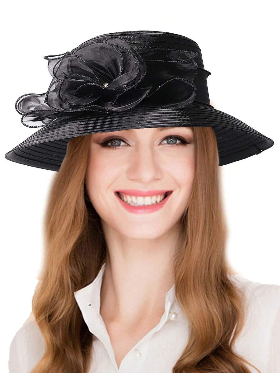 HIMESPORT Lady Derby Dress Cloche Hat Floral Bucket Wedding Bowler Hats Women's Sun Hats Kentucky Wide Brim Occasion Royal Races Fedora - Solid Color - View 1