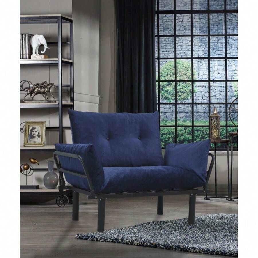 Sona Futon Love Seat - 藍色+金屬+金屬 - 查看 1