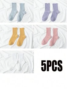 5 Pairs Women White Novelty Cute Ruffled Frilly Ankle Crew Socks - White - View 13