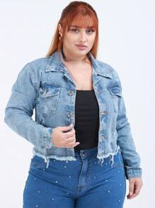 Women's Plus Size Cropped Jeans Jacket - 中等水洗藍 - 查看 3