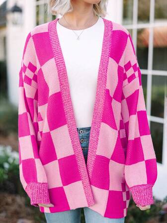 Rose Red Checkered Printed Ribbed Trim Cardigan