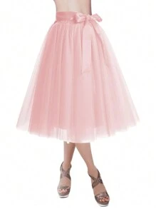 1pc Women Solid Color Long Midi-Length 65cm Knee-Length A-Line Layered Tulle Skirt, Versatile For Party, Dance, Everyday Fall Clothes For Women