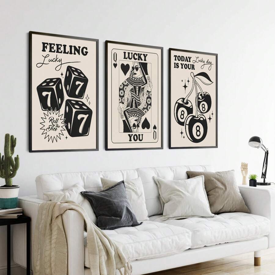 Set Of 3 Lucky You Queen Hearts Prints Canvas Paintings Magic 8 Ball Wall Art Y2k Dorm Room, Bar Cart,College Apartment ,Home Decor Unframed - Multicolor - View 1