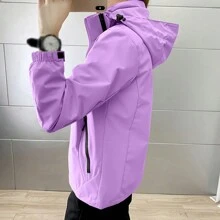 1 pieza Chaqueta softshell de unicolor, transpirable, resistente a la abrasión, resistente al viento y impermeable para mujer - Morado - Ver 2