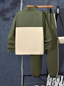 Vihyde Tween Boys Color Block Half Zip Stand Collar Top, Jogger Pants & Crossbody Bag Cargo 3 Pieces Outfit Set - Army Green - View 5