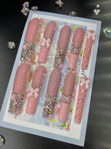 10pcs Extra Long Handemade Press On Nails For Party And Daily Wear, 3D Rhinwstones,Flowers,Bowknot,Kitty And Ballet Elements For Girls,Easy To Wear10pcs Y2K Extra Long Handmade Press On Nails,Shiny Atirficial Gems,Spring And Summer Style,Suitable For Girls And Women Festivals Parties And Daily Wear - Hồng - Xem 16