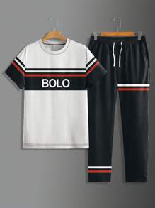 2 件男士优质柔软渐变色休闲圆领短袖 T 恤和运动裤套装，畅销套装 - 黑色 - 查看 2