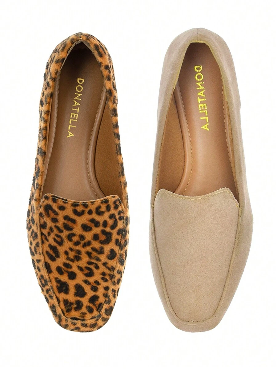 Kit 2 Pares Sapato Mocassim Feminino Donatella Shoes Bico Quadrado Camurça Liso Clássico Casual Onça e Diversos - Damasco - Visão 1