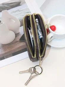 Fashionable Letter Print Dual Zipper Keychain Coin Purse Wallet Small - Brown - View 4