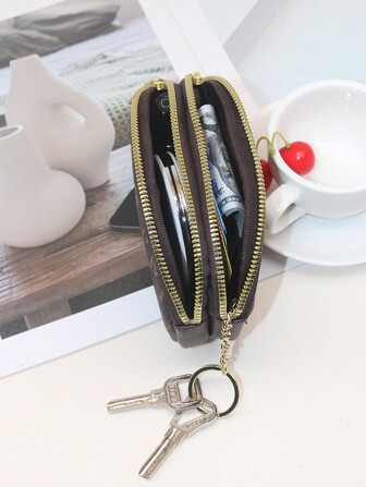 Fashionable Letter Print Dual Zipper Keychain Coin Purse Wallet Small