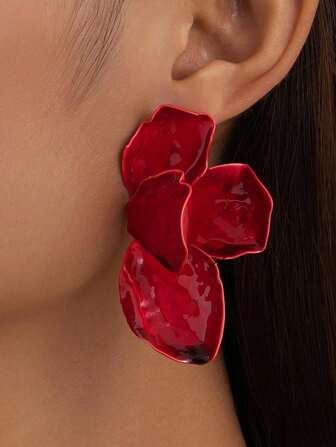 1 Pair Vintage Geometric Textured Asymmetric Flower & Leaf Design Earrings, Fashion Jewelry Gift For Women Valentines,Mom,Mother,Mother's Day,Gift