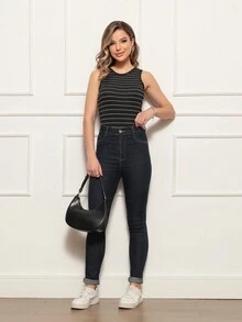 Kit 6 Women's Ribbed Tank Top Plain Striped Basic Blouse Casual T-Shirt Gringa Fashion - 米色/黑色/淺白色/淺黑色/淺米色/淺棕色 - 查看 5