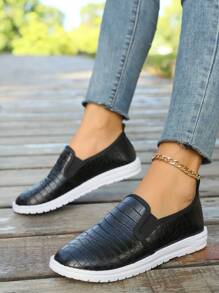 Mujeres 2024 Otoño Nuevo Mocasines casuales de punta redonda agrietado con efecto de deslizamiento, zapatos planos de lona de mendigo con brillo a juego con todo, tallas grandes