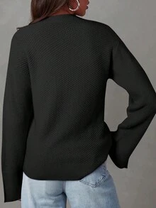 CILKOO Women's Casual Crew Neck Pullover Sweater With Slit Cuffs - Black - View 4
