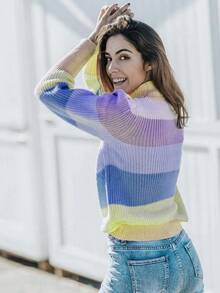 Cuello alto de las mujeres Bloque de color suéter de invierno caliente Top de moda - Amarillo - Ver 3