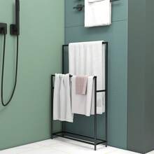 HOMCOM Porte Serviettes sur Pied 2 Niveaux en métal sèche Serviette avec 2 Barres support pour Serviette pour la Salle de Bain, dim. 66l x 20P x 110H cm, Noir - Noir - Voir 5