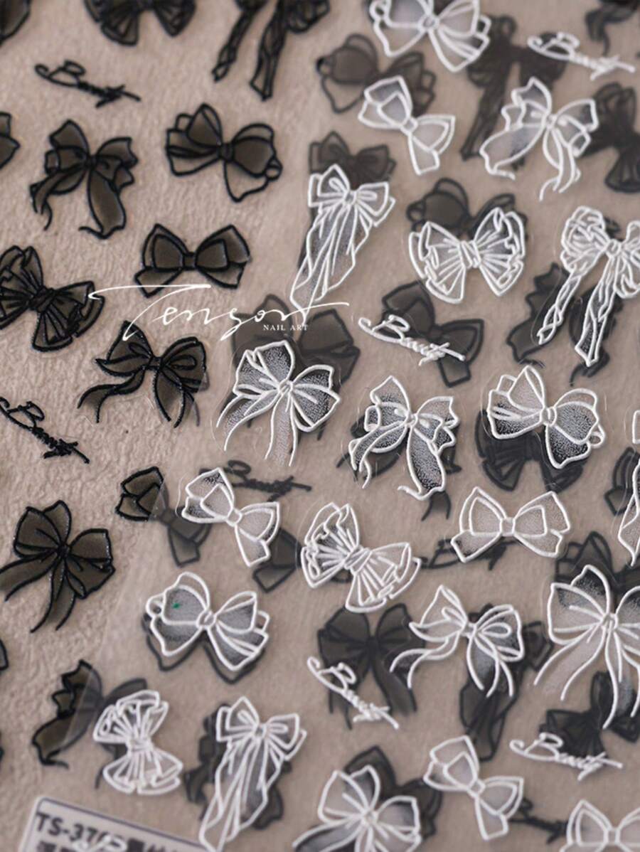 3D立体黑白蕾丝蝴蝶结美甲贴纸 - 自粘卡通主题贴纸，适用于DIY美甲、手机壳和日记本 美甲用品 - 黑色 - 查看 1