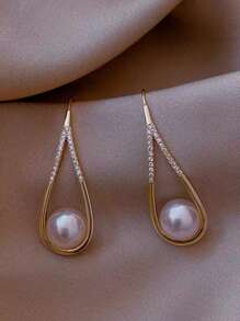 1 对优雅仿珍珠复古法式奢华时尚女式耳环 - 金黃色 - 查看 4