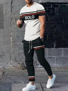 2 件男士优质柔软渐变色休闲圆领短袖 T 恤和运动裤套装，畅销套装 - 黑色 - 查看 1