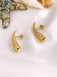 欧美时尚18k金珍珠耳环女士高档不对称防过敏不锈钢耳环 - 彩色 - 查看 9