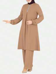 Women's Fashion Casual Muslim Plain Round Neck Top With Long Pants Loose Two-Piece Set, Modest