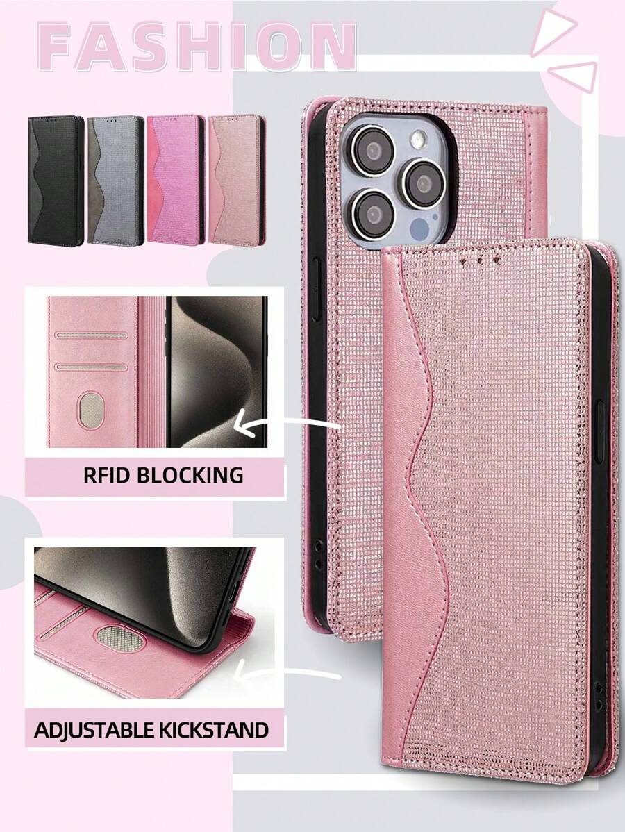 keyunfei 16寸玫瑰金闪粉磁吸防盗卡槽防震翻盖钱包式手机壳，兼容Moto G Power 5G 2024/12 Pro Max/Galaxy S23/Nova Y70/Honor X9b/Vivo Y21/OPPO A53/Redmi Note 10S - 玫瑰金 - 查看 1