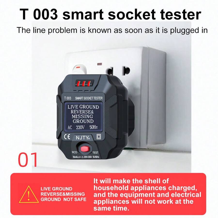 NJTY Socket Tester Voltage Test Outlet Detector EU Plug Ground Zero