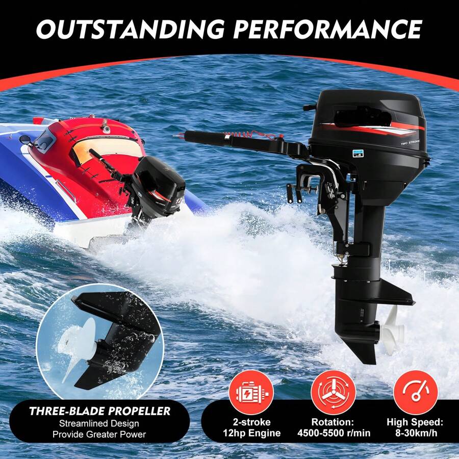 Heavy Duty 2 Stroke 12HP Outboard Motor Boat Engine Boat Parts CDI System 169CC - Black - View 1