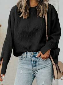 CILKOO Women's Casual Crew Neck Pullover Sweater With Slit Cuffs - Black - View 5