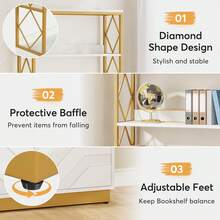 Tribesigns Tall Etagere Bookcase, White And Gold Bookshelf With Three Shelves & Two Cabinets, Modern Open Display With Metal Frame - Bạch kim - Xem 6