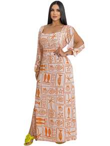 Elegant Foral Printed Long Party Dress With 3/4 Sleeves And Premium Line Slit - 彩色 - 查看 2