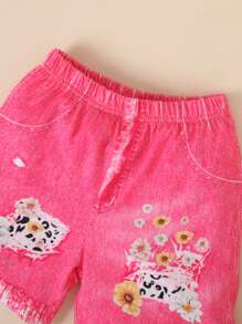 2pcs/Set Young Girl Casual 3D Deer Print Short Sleeve T-Shirt And Shorts Set, Summer - Pink - View 5