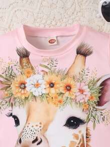 2pcs/Set Young Girl Casual 3D Deer Print Short Sleeve T-Shirt And Shorts Set, Summer - Pink - View 3