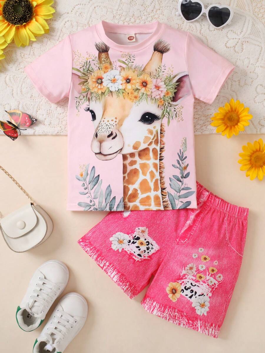 2pcs/Set Young Girl Casual 3D Deer Print Short Sleeve T-Shirt And Shorts Set, Summer - Pink - View 1