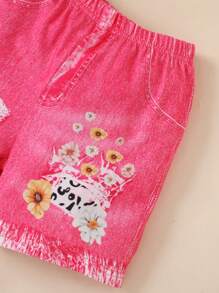 2pcs/Set Young Girl Casual 3D Deer Print Short Sleeve T-Shirt And Shorts Set, Summer - Pink - View 6