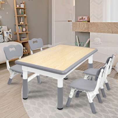 VA-Cerulean Children's Seating Group - Height-Adjustable Children's Table With 4 Chairs, Plastic, Grey - Table And Chair Set For Boys And Girls Aged 2-10 Years