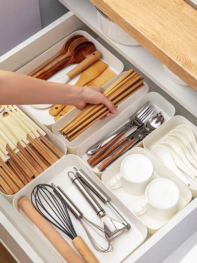 1/3pcs Kitchen Drawer Compartmentalised Storage Box, Desktop Storage Box, Cutlery Sorting And Organising Storage Box, Kitchen Utensils Storage, Cleaning Tools Organisation.