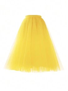 1pc Women Solid Color Long Midi-Length 65cm Knee-Length A-Line Layered Tulle Skirt, Versatile For Party, Dance, Everyday Fall Clothes For Women