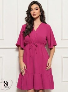 Women's Short Ruffle Dress Casual Duna Short Sleeve Midi Party Evangelical Fashion Elastic Waist. - 玫瑰紅 - 查看 1