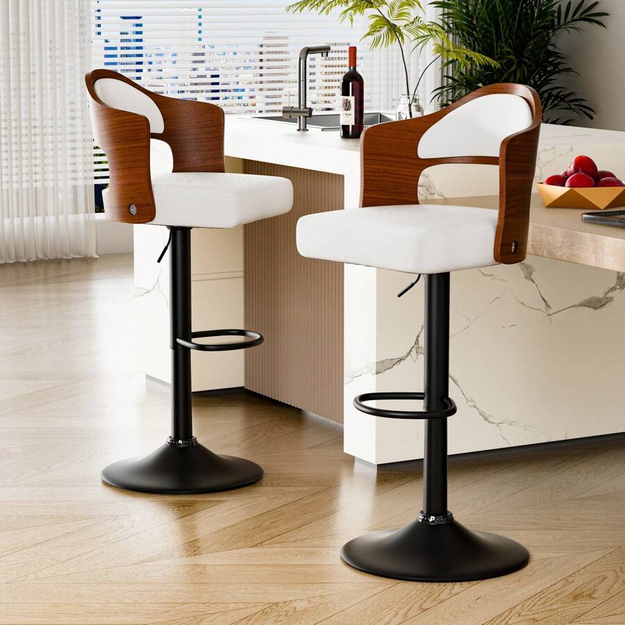 Nalupatio Wooden Barstools PU Leather Upholstered Bar Chairs Set Of 2 With Back & Footrest - 白色 - 查看 1