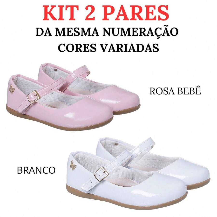 Kit 2 Pairs Children's Sneakers Girl Flat Ballerina Varnish Comfortable Doll Sneakers - 淺粉色 - 查看 1