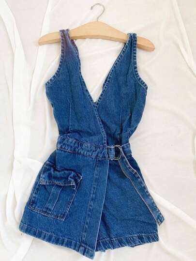 Macaquinho Jeans Feminino Amarração Lateral