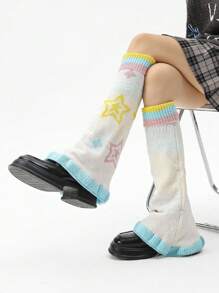 1 双多色腈纶针织星形图案宽腿保暖腿套，适合秋冬季 - 多彩米色 - 查看 2