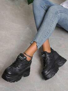 Tenis Chunky De Plataforma Para Mujer, Sneakers Urbanos Versátiles Que Combinan Con Todo, Calzado Ligero Y Transpirable Con Aumento De Altura - Negro - Ver 2